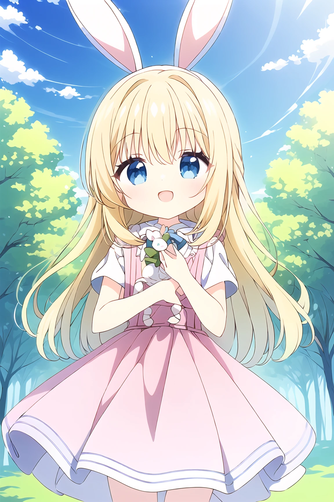 (exceptional, best aesthetic, new, newest, best quality, masterpiece, extremely detailed, anime:1.2),The image is an illustration of a young girl with long blonde hair and bunny ears. She is wearing a pink dress with white polka dots and a white apron. She has a big smile on her face and is holding a small white bunny in her arms. The background is a blue sky with white clouds and green trees. The overall style of the illustration is cute and whimsical