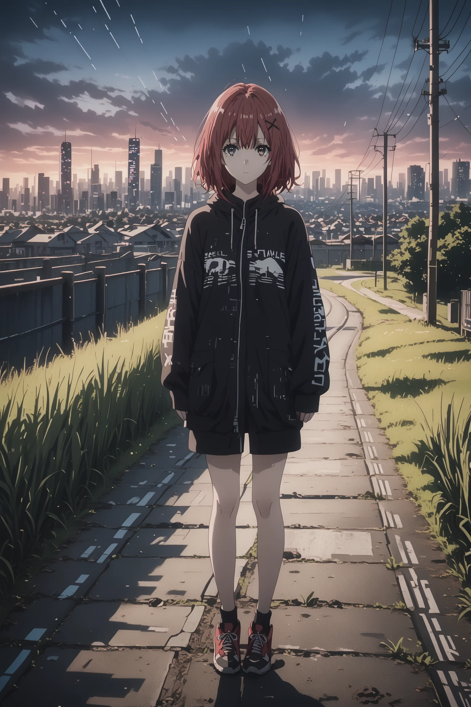 1girl,looking at viewer,full body shot,sleeves,full body,:d,glitch art,glitching,glitch,scanlines,monochrome,outdoors,power lines,wide shot,reddish sky,grass,hill,expressionless,x hair ornament,city lights in background,city in background,skyscraper in background,skyline,stylish,dark theme,