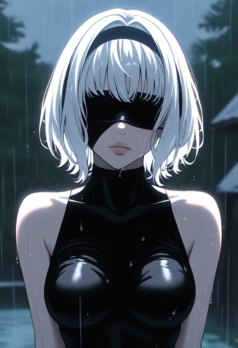 SHSLG, 1girl, solo, breasts, short hair, bare shoulders, medium breasts, closed mouth, upper body, white hair, naked breasts, hairband, mole, blurry, lips, wet, depth of field, blurry background, black hairband, wet clothes, mole under mouth, facing viewer, rain, water drop, blindfold, wet hair, covered eyes, black blindfold, yorha no. 2 type b