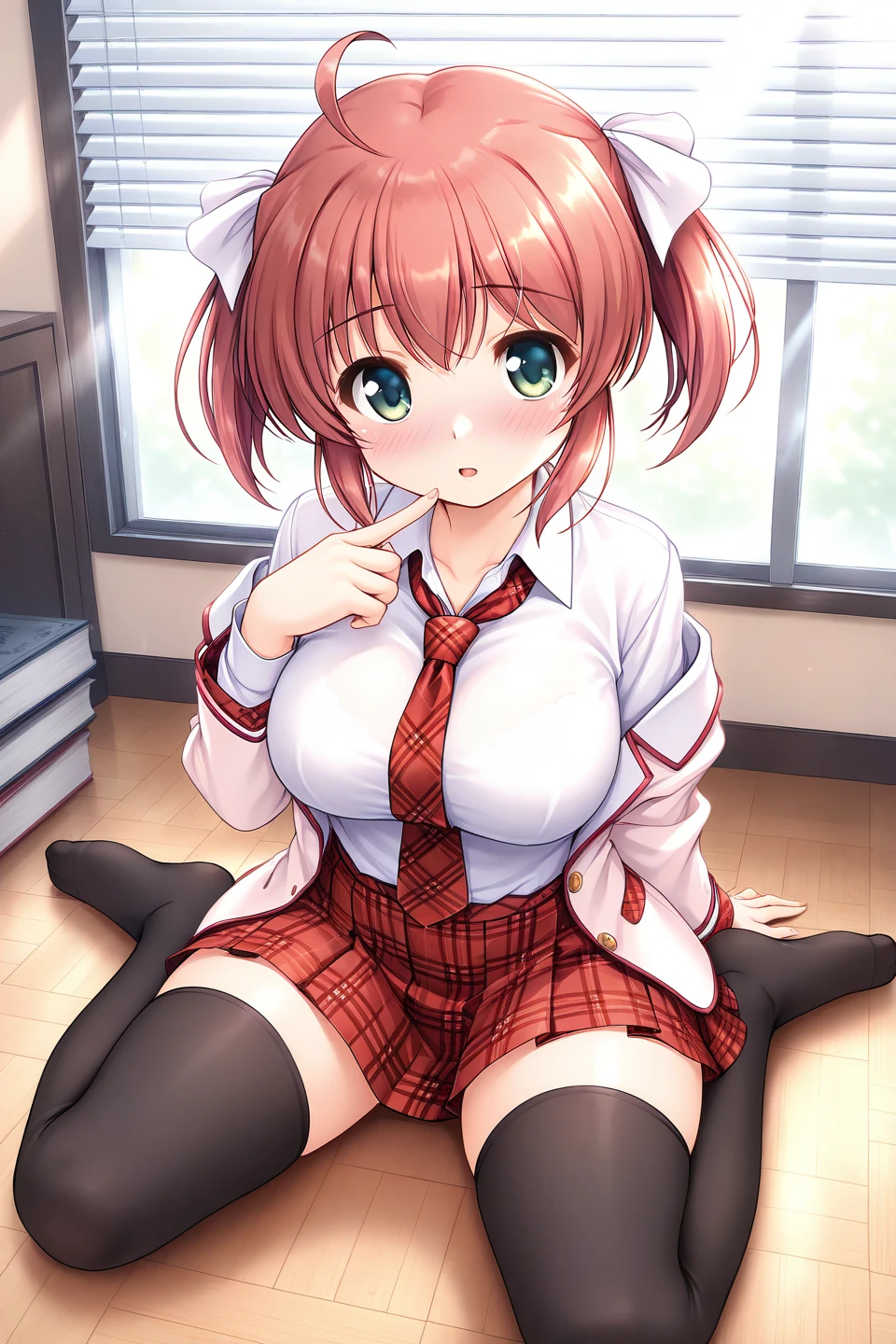 masterpiece, best quality, absurdres, official art, official style, zPDXL2, zPDXLxxx, rating_sensitive, sexually suggestive, nsfw, uncensored BREAK <lora:kodachinagi_IL_v1:0.7>, kodachi nagi, 1girl, solo, green eyes, red hair, ahoge, short hair, twintails, short twintails, ribbon, hair ribbon, white ribbon, large breasts
school uniform, winter uniform, blazer, jacket, open clothes, open jacket, pink jacket, necktie, plaid necktie, red necktie, shirt, white shirt, collared shirt, long sleeves, skirt, red skirt, plaid, plaid skirt, pleated skirt, miniskirt, zettai ryouiki, thighs, thighhighs, black thighhighs, breasts, sitting, wariza, blush, smile, finger to mouth, full body, off shoulder, looking at viewer, full-face blush, bow, window, indoors, collarbone, on floor, blinds, backlighting, wooden floor, sunlight, book, spread legs, nose blush, arm support, no shoes, light rays, day, hand up, fingernails
blush, looking at viewer, open mouth, parted lips, :o, shiny, shiny hair, :d, shy, embarrassed