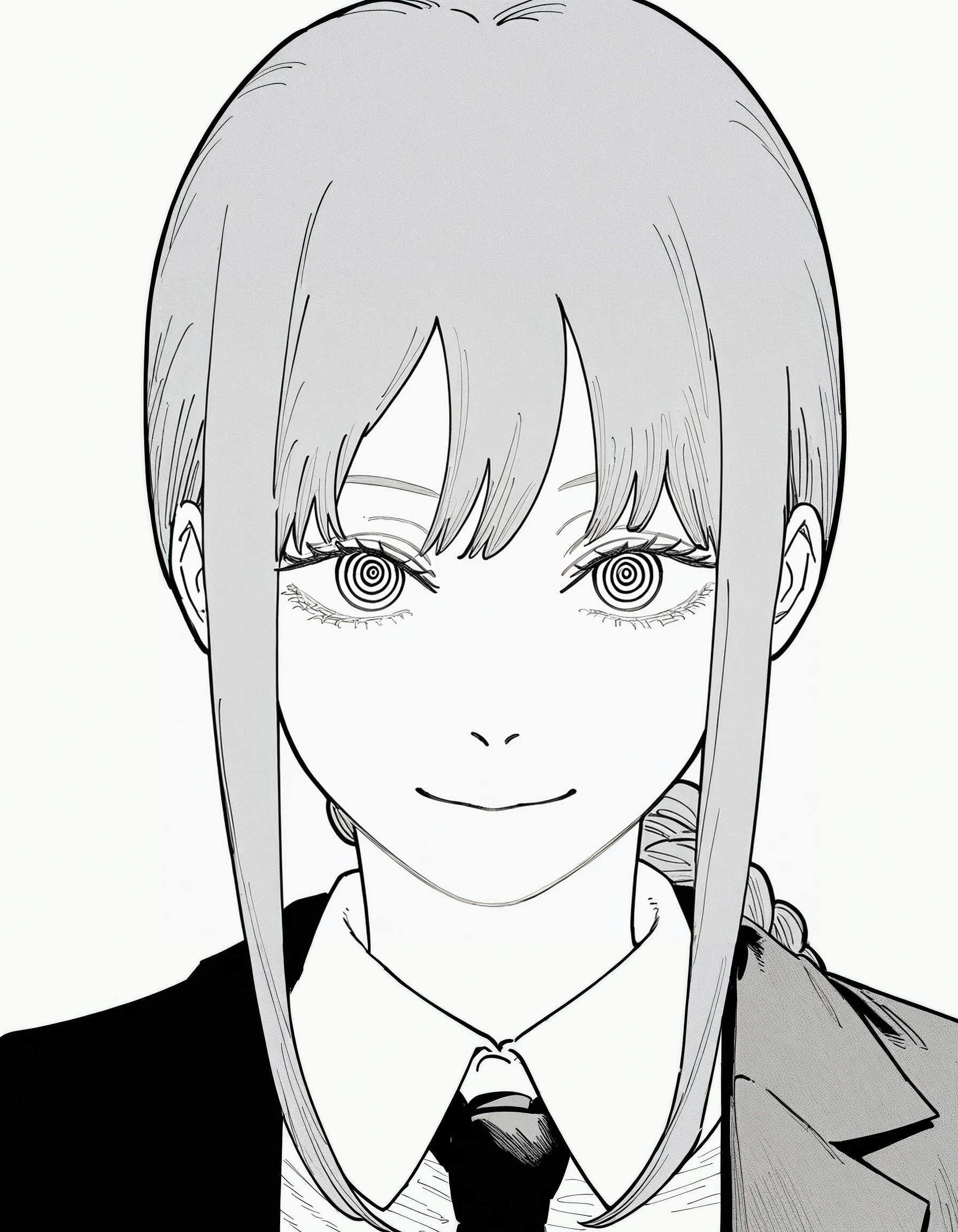 masterpiece, best quality, good quality, newest, highres, absurdres, <lora:Illustrious_Fujimoto_Manga_Style:1>, FujimotoMangaStyle, 1girl, ringed eyes, makima (chainsaw man), monochrome, solo, greyscale, necktie, looking at viewer, shirt, collared shirt, simple background, smile, sidelocks, white background, bangs, formal, suit, medium hair, closed mouth, portrait, business suit, braided ponytail, light smile, black necktie, jacket, braid, office lady, upper body, eyelashes, long hair