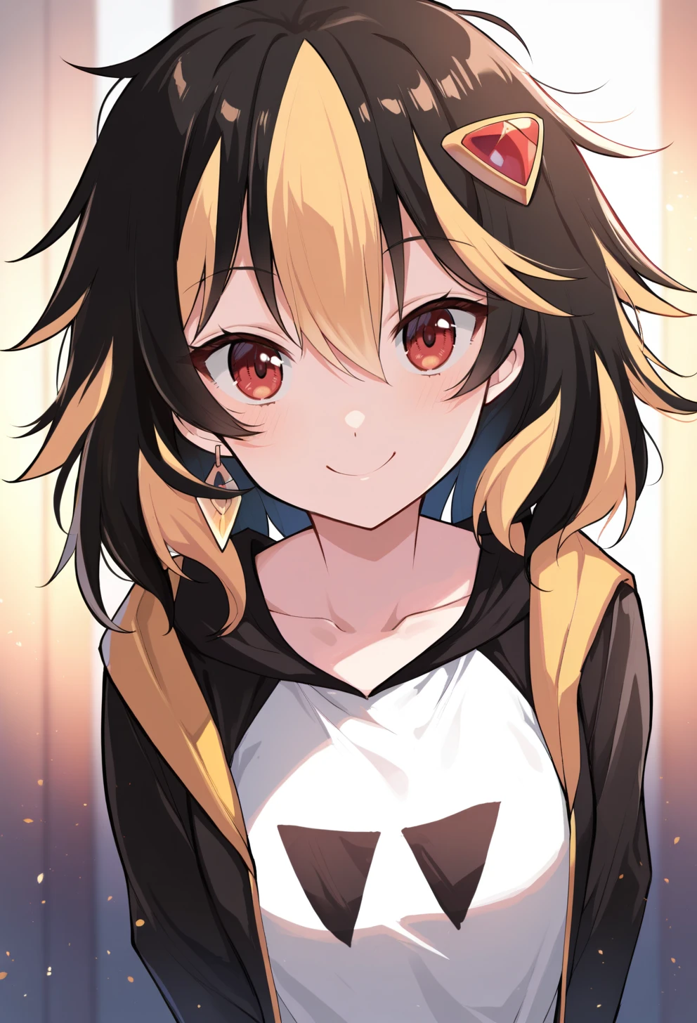 masterpiece, best quality, high quality, anime, solo, portrait, smile,  <lora:AEAliceIllx:1> AEAlice, red eyes, streaked hair, black hair, blonde hair, Multicolored hair, messy hair, medium hair, small breast, hair ornament, hairclip, single earring, black cloat, long sleeves, open coat, black hoodie, Hood down, White shirt, print shirt, raglan sleeves,