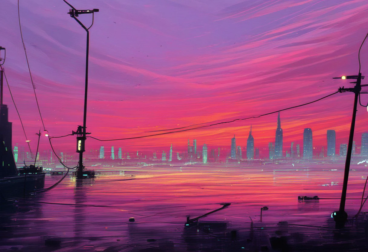 A detailed digital painting of a futuristic cityscape with a vibrant sunset in the background. The sky is a mix of blue, pink, and purple hues, and the cityscape is illuminated by the warm light of the setting sun. The cityscape consists of tall buildings, skyscrapers, and street lights, and there are a lot of wires running across the sky. In the foreground, there is a person lying on the ground, their body partially submerged in the water. The colors of the sky are bright and vivid, creating a captivating scene.,painting,art paint,