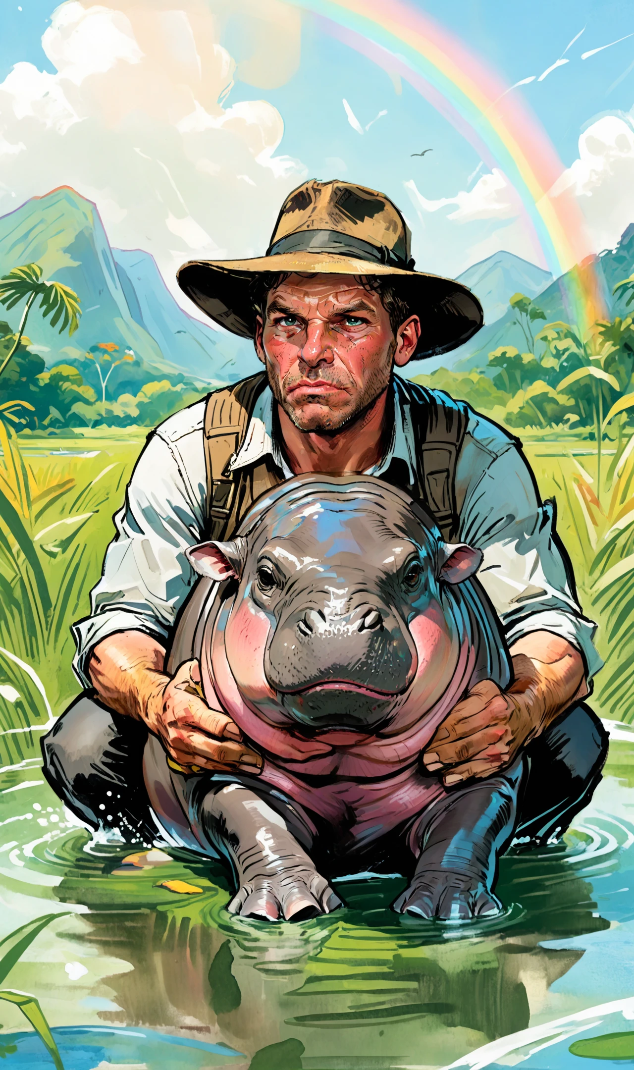 score_9, score_8_up, score_7_up, score_6_up, novel illustration, lineart, cartoon, 
1man,  Indianajones Person holding a hippo moodeng in the amazon, sittting, lying, <lora:Indiana Jones SDXL -Trigger is Indianajones Person:0.8>(hat:1.2), Push your arm muscles
Green fields in the background with mountains, (in water:1.2), Big pond, (rainbow in sky:1.2), There are animals in the grass field,
<lora:SDXL_BTT_MOODENG_v01:0.7> moodeng, angry, 
<lora:LCMTurboMix_Euler_A_fix:1>