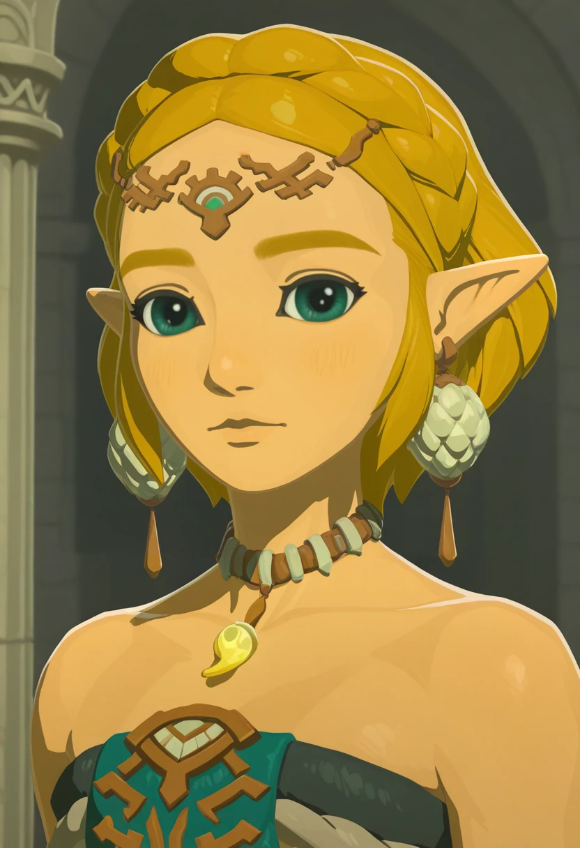 masterpiece, best quality, absurdres, highres, detailed background,
  1girl, princess zelda, blonde hair, pointy ears, totk, short hair, forehead jewel ,necktie, earrings,  <lora:ZELDAkultyil:0.8>,  looking at viewer,