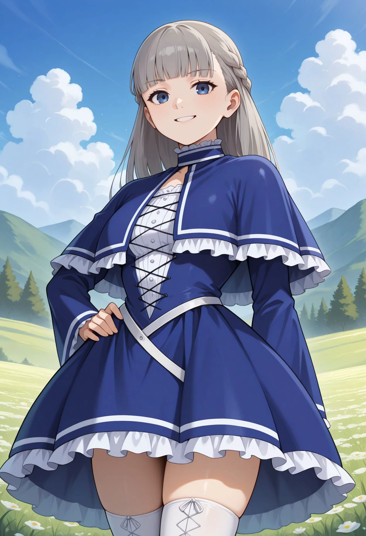 masterpiece,best quality,
standing, smile,, hand on hip, portrait shot, cowboy shot, looking at viewer, meadow background, blue sky, clouds, wild flowers  <lora:Lawine v2:1> 1girl, long hair, frills, blue eyes, blue dress, braid, long sleeves, grey hair, blue capelet, blunt bangs, white thighhighs, frilled dress, cross-laced clothes, frilled capelet