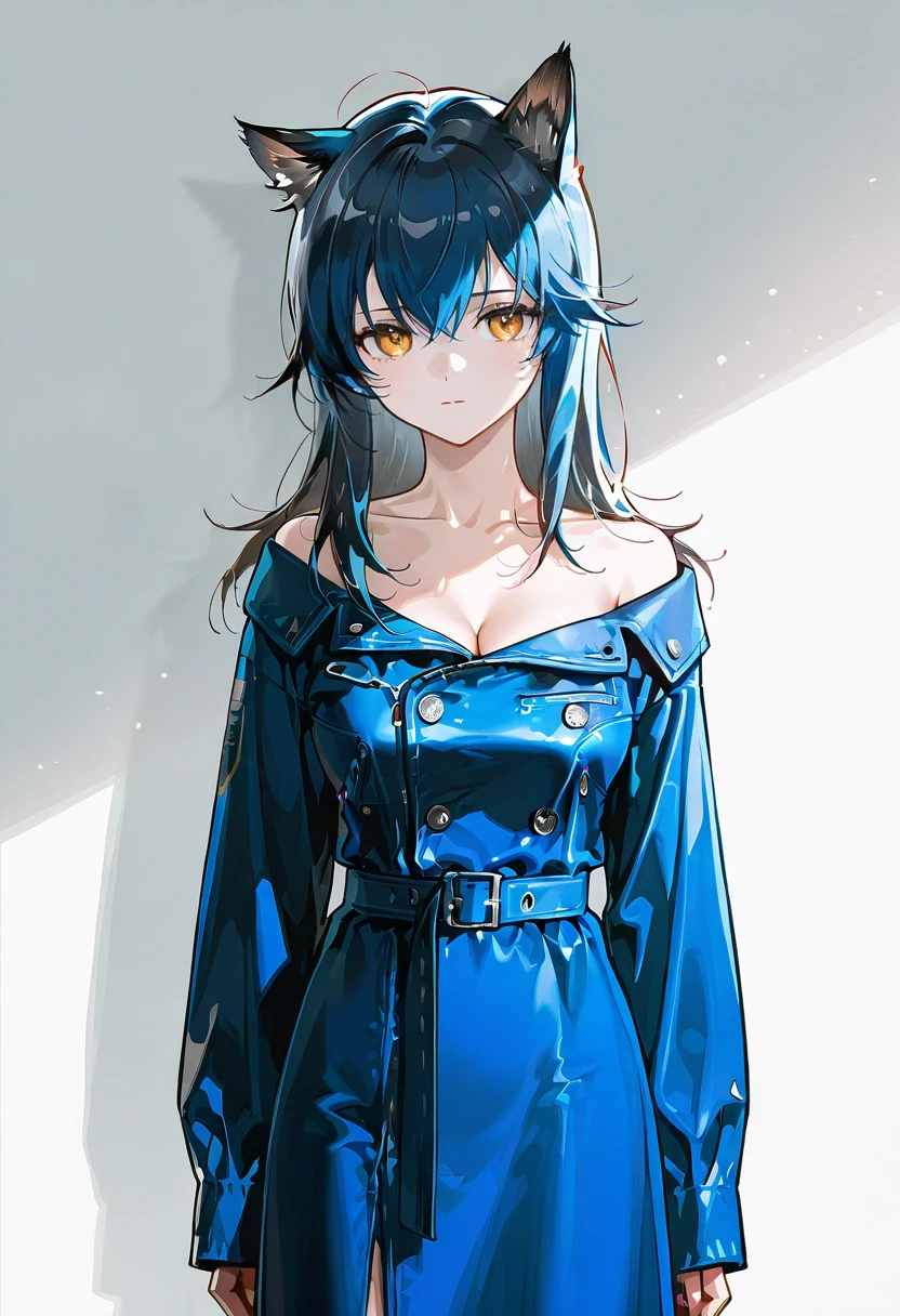 1girl,solo,looking at viewer,ikeda ruriko,duster dress, blue dress, buttons, off shoulder, texas_(arknights)