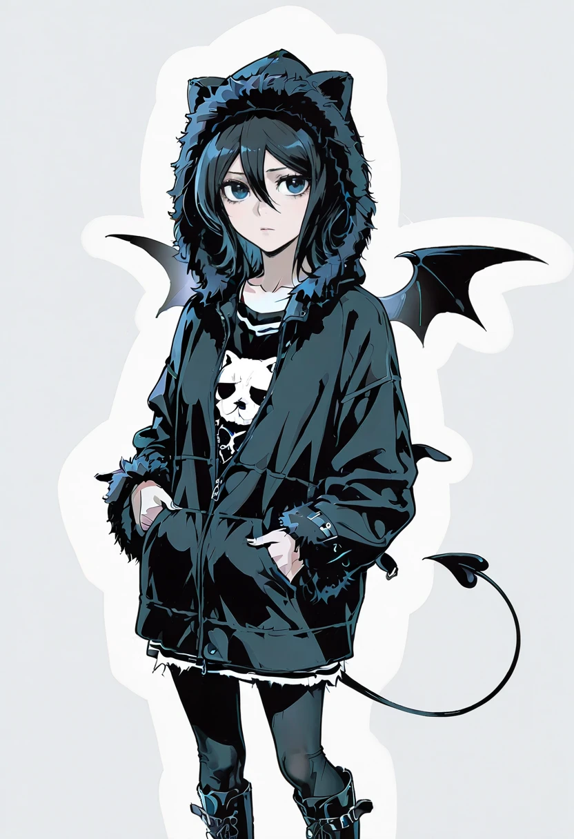 1girl,solo,looking at viewer,ikeda ruriko,y2k demon hoodie, hands in pockets, hood, boots, fur trim, jacket, animal hood, wings, demon tail,  kuchiki_rukia