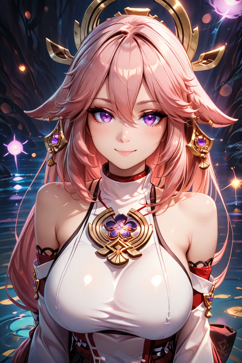 masterpiece, best quality, solo, curvy, beautiful eyes,,<lora:YaemikoGenshinIXL_v2:1.0>, zzYaemiko, purple eyes, hair between eyes, hair ornament, long hair, low-tied long hair, pink hair, animal ears, fox ears, bare shoulders, jewelry, earrings, large breasts, detached sleeves, japanese clothes, long sleeves, wide sleeves, upper body, smile, looking at viewer, shiny skin,<lora:RealisticAnimeIXL_v2:1.0>, shiny skin, bokeh, luminescent background,