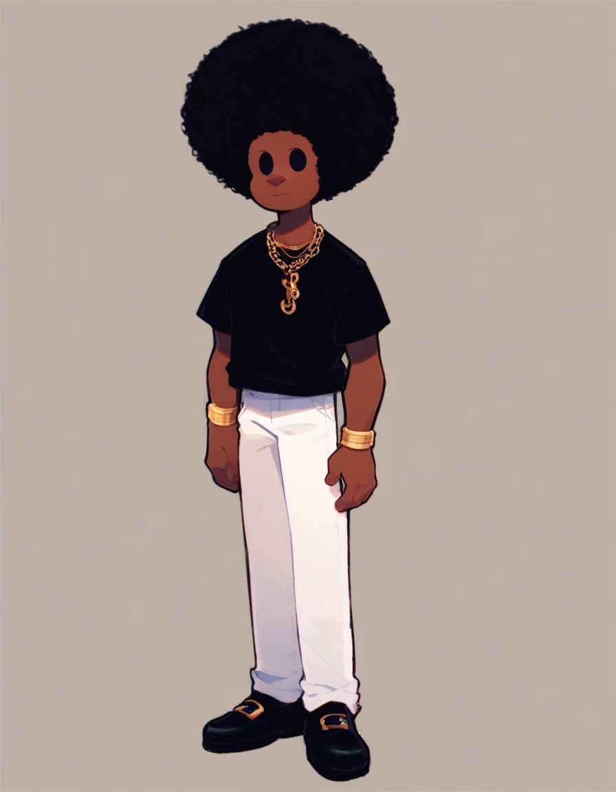 LilTSML, solo, shirt, black hair, 1boy, jewelry, male focus, pants, necklace, black shirt, chain, white pants, afro, black eyes, black shoes, full body, screencap