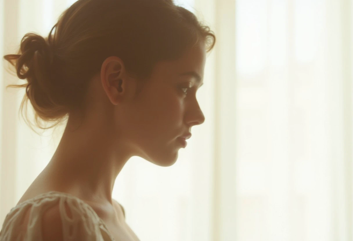 an aesthetic, minimalist depiction of a female profile in side view. The focus is on the soft contours and calm, monochromatic tones. The scene feels mystical and dreamy, almost as if viewed through a delicate mist, with gentle light accentuating the silhouette. The background is diffuse and creamy white, drawing attention to the elegant simplicity of the figure.