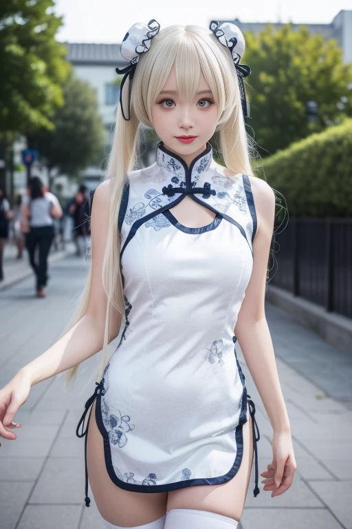 masterpiece, best quality, 1girl, solo, long hair, looking at viewer, smile, bangs, hair ornament, red eyes, long sleeves, dress, standing, collarbone, white hair, grey hair, alternate costume, wide sleeves, tree, chinese clothes, hairpin, hanfu, ningguang (genshin impact), Ningguang,