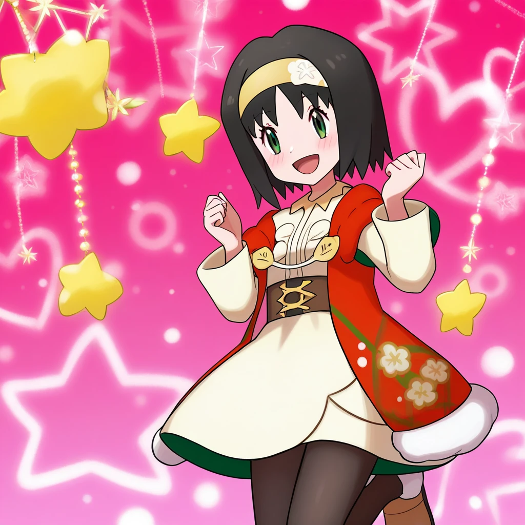 (1girl, solo,), jumping, full_body, close-up, stars, hearts, christmas_background, smiling, blush, holerika, erika_\(pokemon\), black_hair, short_hair, bangs, hairband, yellow_hairband, long_sleeves, official_alternate_costume, dress. white_dress, jacket, red_jacket, floral_print, long_dress, pantyhose, black_pantyhose, brown_footwear, masterpiece,best quality,amazing quality,very aesthetic,high resolution,ultra-detailed,absurdres,newest,volumetric lighting