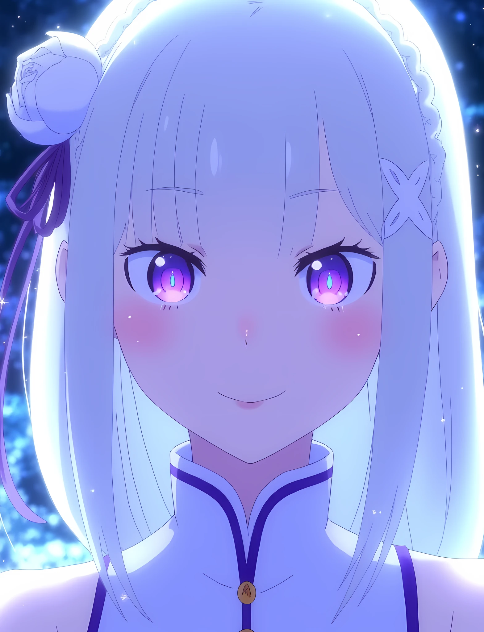 A cinematic close-up shot of Emilia from Re:Zero, her purple eyes glowing softly as she gazes into the camera with a serene expression. Her white hair flows elegantly around her face, illuminated by ethereal, frosty light. Tiny ice crystals and magical sparkles surround her, as a subtle, dreamy bokeh effect blurs the snowy forest in the background. Her iconic white and purple dress is visible only at the collar, framed delicately within the composition. Ultra-realistic anime rendering, soft bloom lighting, and intricate facial detail with a hint of magical aura., <lora:EmiliaFlux:1> EmiliaFlux