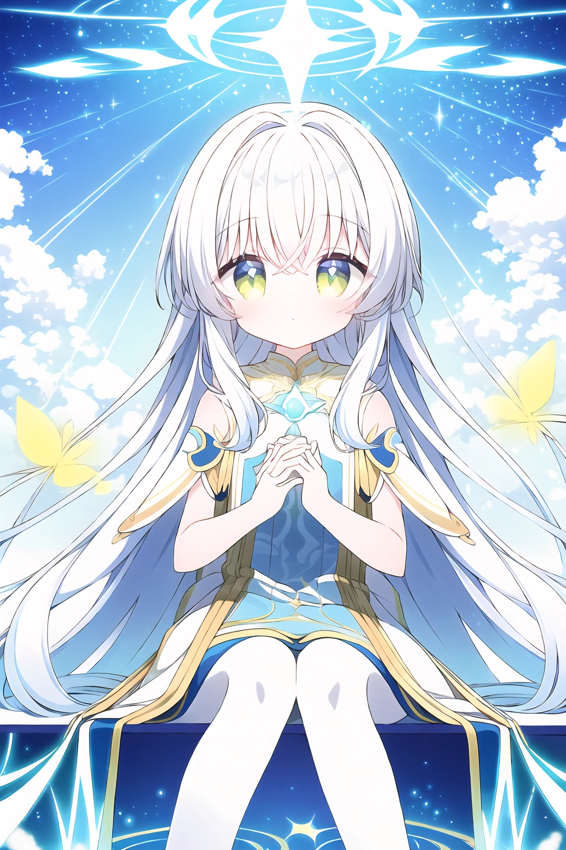 (exceptional, best aesthetic, new, newest, best quality, masterpiece, extremely detailed, anime:1.2),A captivating, dreamlike anime girl sitting in a fantastical heavenly landscape filled with radiant shades of pure white, shimmering gold, and soft ivory tones. Her flowing hair is a mix of luminous white and golden strands, catching glimmers of celestial light and blending seamlessly into the divine surroundings. Her eyes have a subtle shimmer of radiant gold and soft ivory, reflecting the ethereal, sacred world around her. She wears a delicate outfit with intricate lace patterns and glowing golden accents, harmonizing with the luminous, cloud-filled background and floating pale golden petals. The background is a surreal blend of soft gradients, glowing clouds, and sparkling beams of light in shades of white and gold, creating an enchanted, serene atmosphere reminiscent of heaven. Delicate butterflies, radiant orbs, and gentle, glowing trails float around her, emphasizing the tranquil, otherworldly energy of the scene. The art style is rich in gradients of white and gold, with smooth, defined lines and soft, radiant lighting that add depth and elegance, giving the scene a mystical, divine quality,from_side, (sitting:1.3).