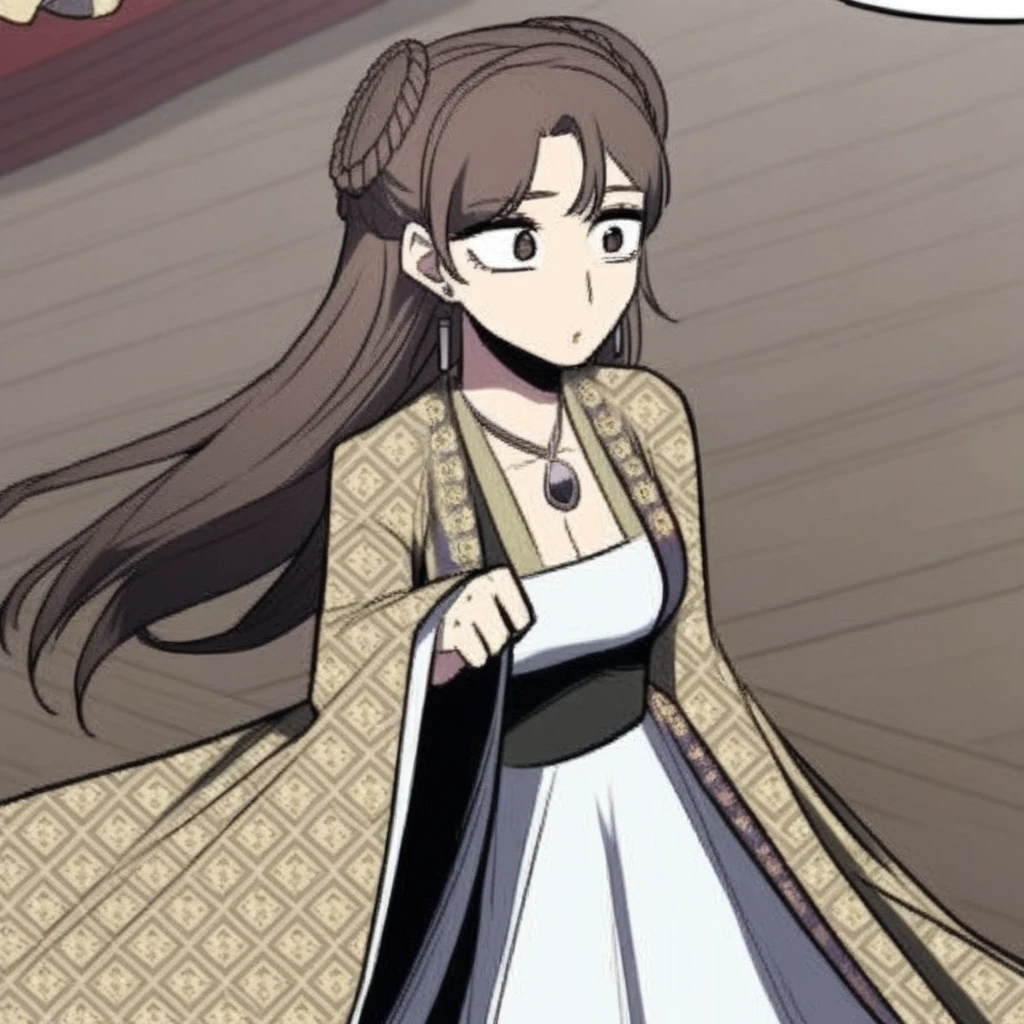 1girl, solo, long hair, brown hair, long sleeves, dress, cleavage, jewelry, braid, earrings, solo focus, necklace, chinese clothes, crown braid