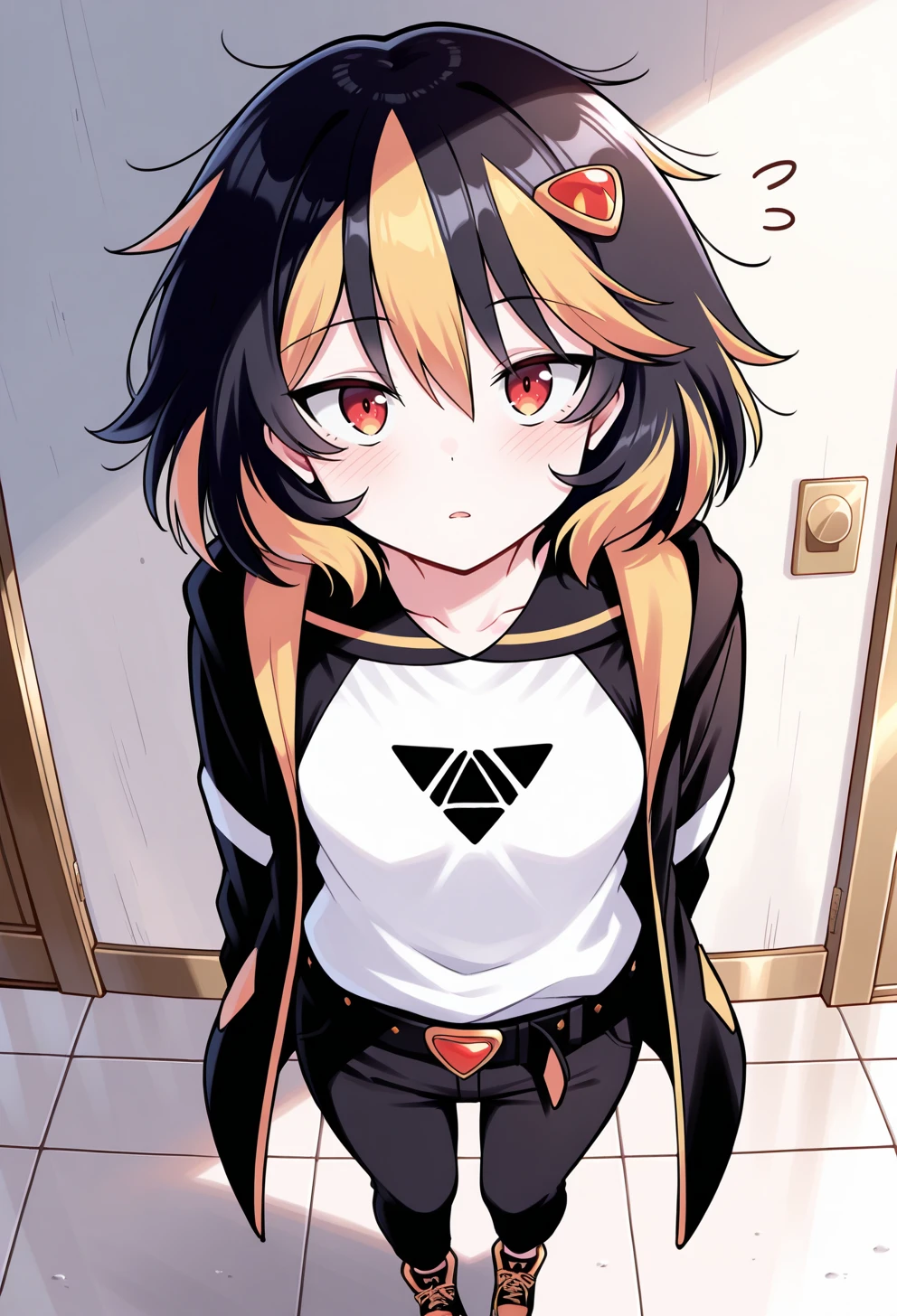 masterpiece, best quality, high quality, anime, solo,
AEAlice, red eyes, streaked hair, black hair, blonde hair, Multicolored hair, messy hair, medium hair, small breast, hair ornament, hairclip, black cloat, long sleeves, open coat, black hoodie, Hood down, White shirt, print shirt, raglan sleeves, black belt, black pants, black footwear, sneakers, <lora:AEAliceIllx:1>