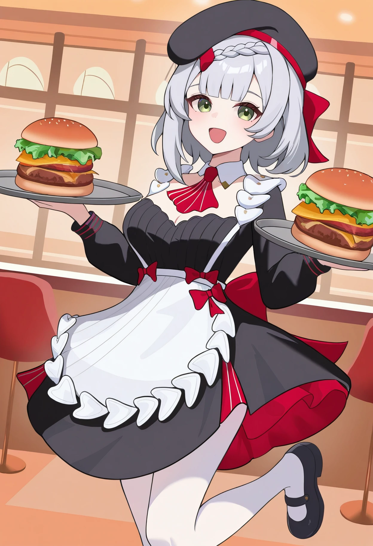 masterpiece, best quality, hires, absurdres, newest, 1girl, solo, <lora:noelle-gi-richy-v1_ixl:1> nlkf, green eyes, grey hair, short hair, braid, blunt bangs, black beret, red bow, hair bow, detached collar, red ascot, breasts, black dress, long sleeves, uniform, white apron, white pantyhose, mary janes,standing, holding trays, standing on one leg, smile, open mouth, :D, burger, looking at viewer, indoors, restaurant,