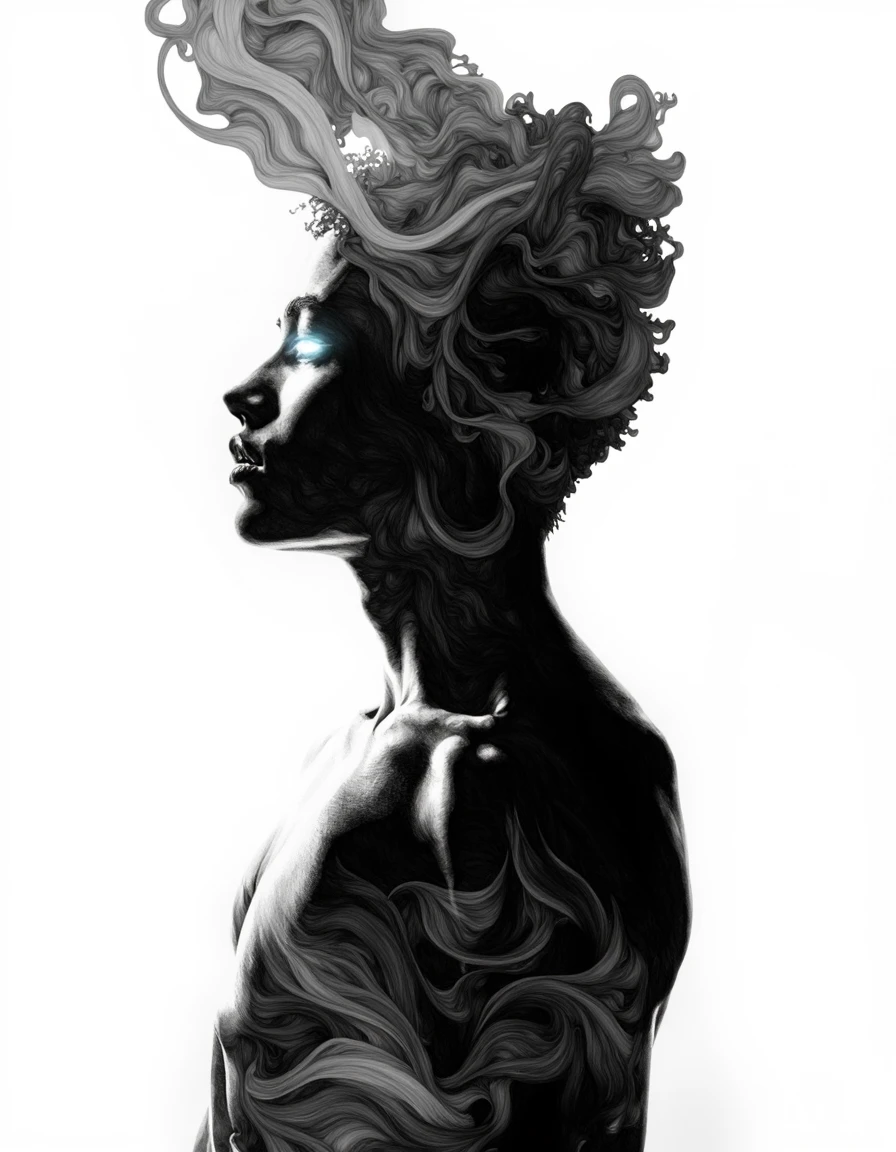 Gabriel Moreno art.
A grayscale, artistic portrait of a figure. 
The figure appears to be a person, possibly a male, depicted in a way that evokes a sense of mystery or otherworldliness. The face is partially obscured within a swirling, dark, smoky or vaporous substance. 
The eyes of the figure glow with a bright, ethereal light, while the rest of the face and form remain in dark shadow. The substance around the head and shoulders mimics flowing smoke or hair, suggesting movement and an otherworldly presence.  The silhouette of a garment  is visible. The background is entirely white, which accentuates the contrast and highlights the dark elements in the figure. The image's style suggests a blend of dark fantasy and artistic expression, possibly inspired by graphic design, painting, or digital art. <lora:Gabriel_Moreno:1>