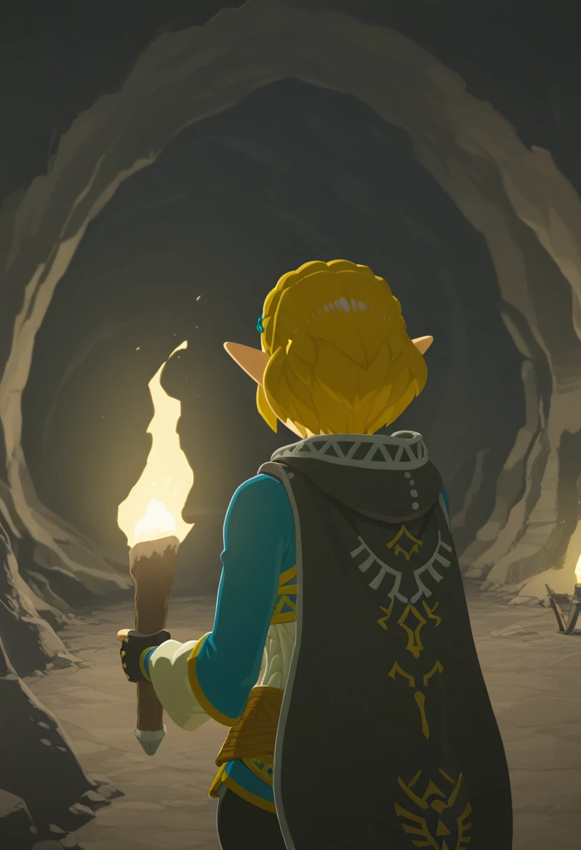 masterpiece, best quality, absurdres, highres, detailed background,
  1girl, princess zelda, blonde hair, pointy ears, totk, short hair, hair ornament, blue shirt, cape <lora:ZELDAkultyil:0.8>, cave, holding torch,