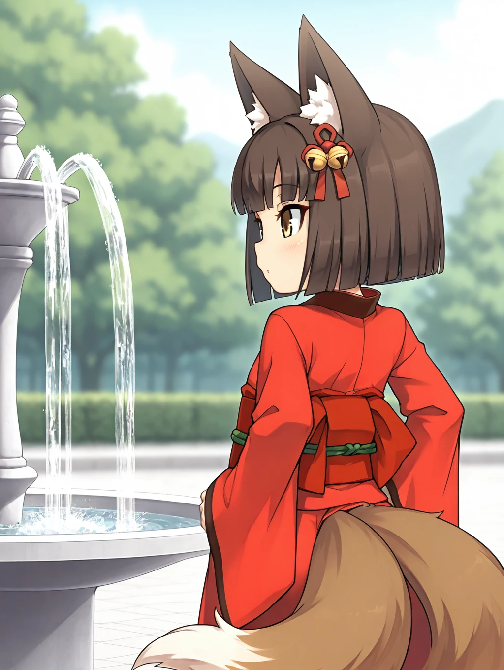 1girl, Kamuro, brown hair, short hair, fox ears, hair accesory, bells on hair, yellow eyes, 2 fox tails, two tails, (multiple tails:0.5), red kimono, wide sleeves, sash,

from behind, hands on hips, looking at fountain, scenery,

masterpiece, best quality,amazing quality, very aesthetic, absurdres, depth of field, blurry background, extremely detailed face, detailed eyes