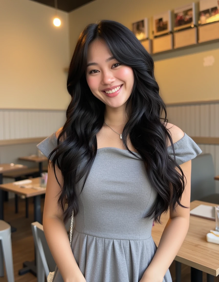 <lora:Jihoon_Kim_Flux:1> beautiful detailed photograph,  long straight black hair cascading over her shoulders,  wearing a boatneck dress, standing in a cafe, looking at the viewer, smile