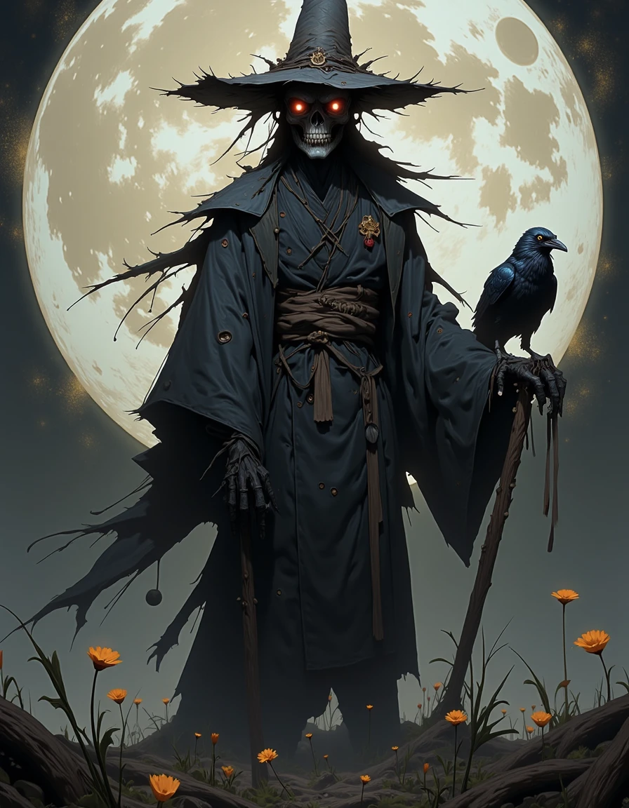 an anime NIJI artwork using muted colors, A Japanese pangu depicted as a scarecrow stands ominously with a crow perched beside it, set against a dark, gloomy, and intense splash paint background. The scene is rendered in ultra-realistic, UHD detail with subtle brushwork and intricate features. Volumetric cinematic lighting highlights the scarecrow's eerie presence, while minimalist line art blends with watercolor elements. The composition evokes horror, enhanced by the dynamic, moody ambiance and full-body portrayal, resembling a cinematic movie poster that combines wabi-sabi aesthetics, fine art influences, and epic details.