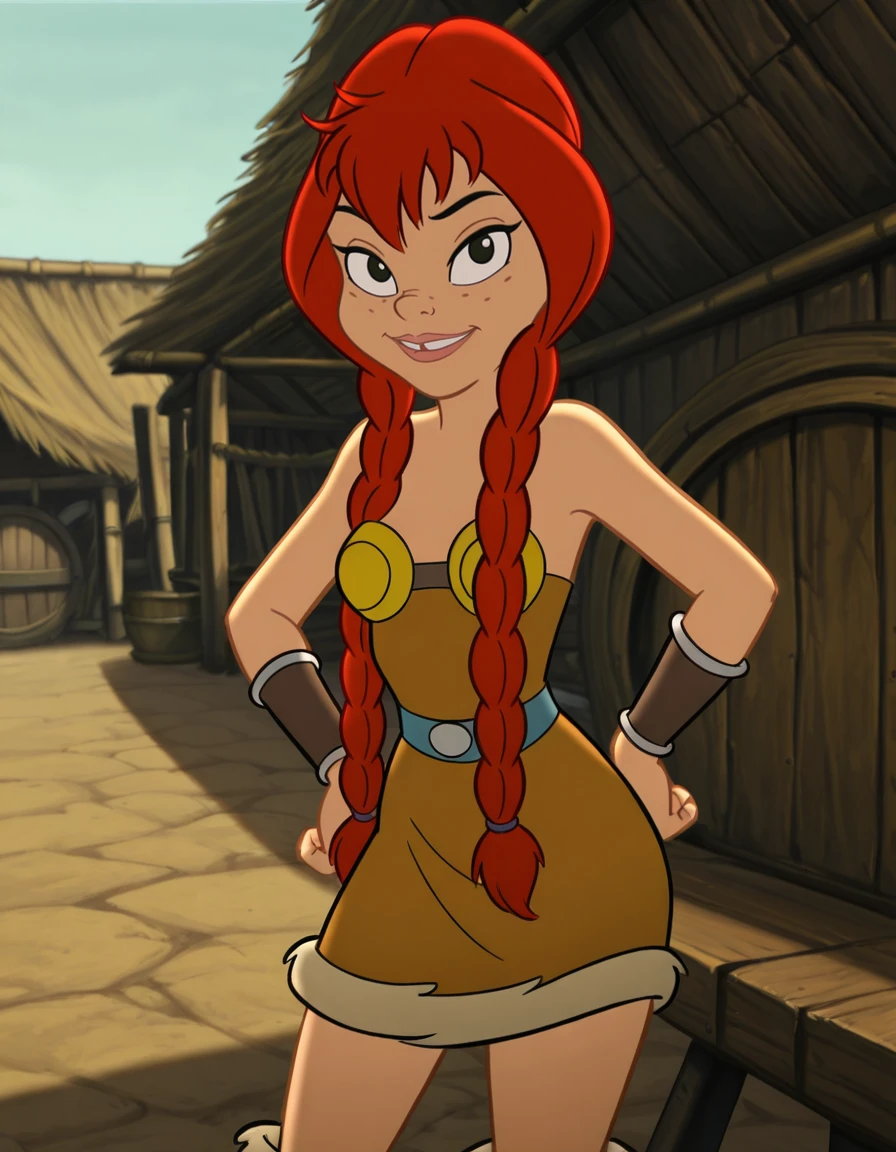 <lora:AbbaIllustrious1.0JLFO:1> abba, 1girl, red hair, long hair, freckles, braid, dress, twin braids, smile,parted lips,black eyes,  outdoors, bracer, boots,, looking at viewer,hand on hip, cowboy shot