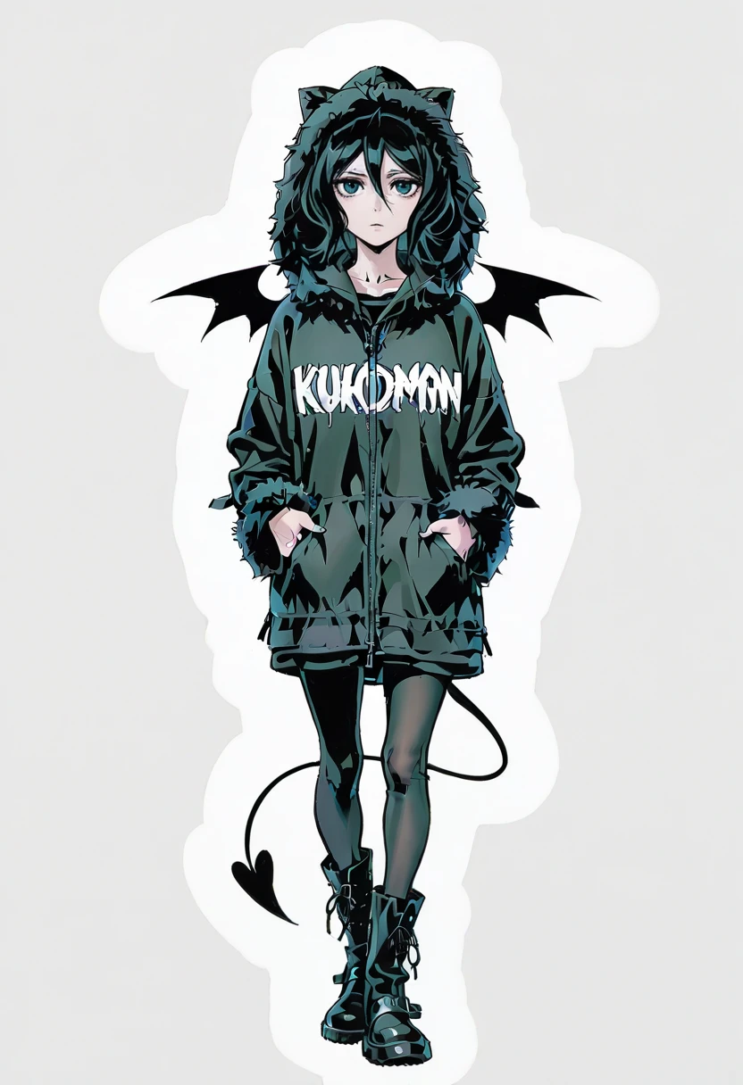 1girl,solo,looking at viewer,ikeda ruriko,y2k demon hoodie, hands in pockets, hood, boots, fur trim, jacket, animal hood, wings, demon tail,  kuchiki_rukia