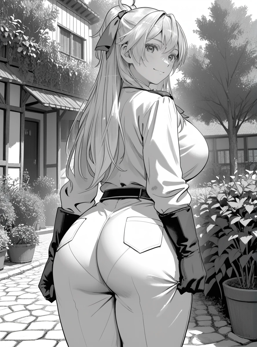 score_9_up, score_8_up, score_7_up, (Anime_source), in garden, looking at viewer, (4k), (facing viewer:1.5), light smile, big breasts, (large breasts:1.4)  <lora:Anastasia_-_Chounin_A_wa_Akuyaku_Reijou_wo_Doushitemo_Sukuitai-PONY-Kaleid:0.8> anastacia, 1girl, long hair,hair ribbon, large breasts, gloves, pants, looking back, from behind, ass,  monochrome, greyscale,