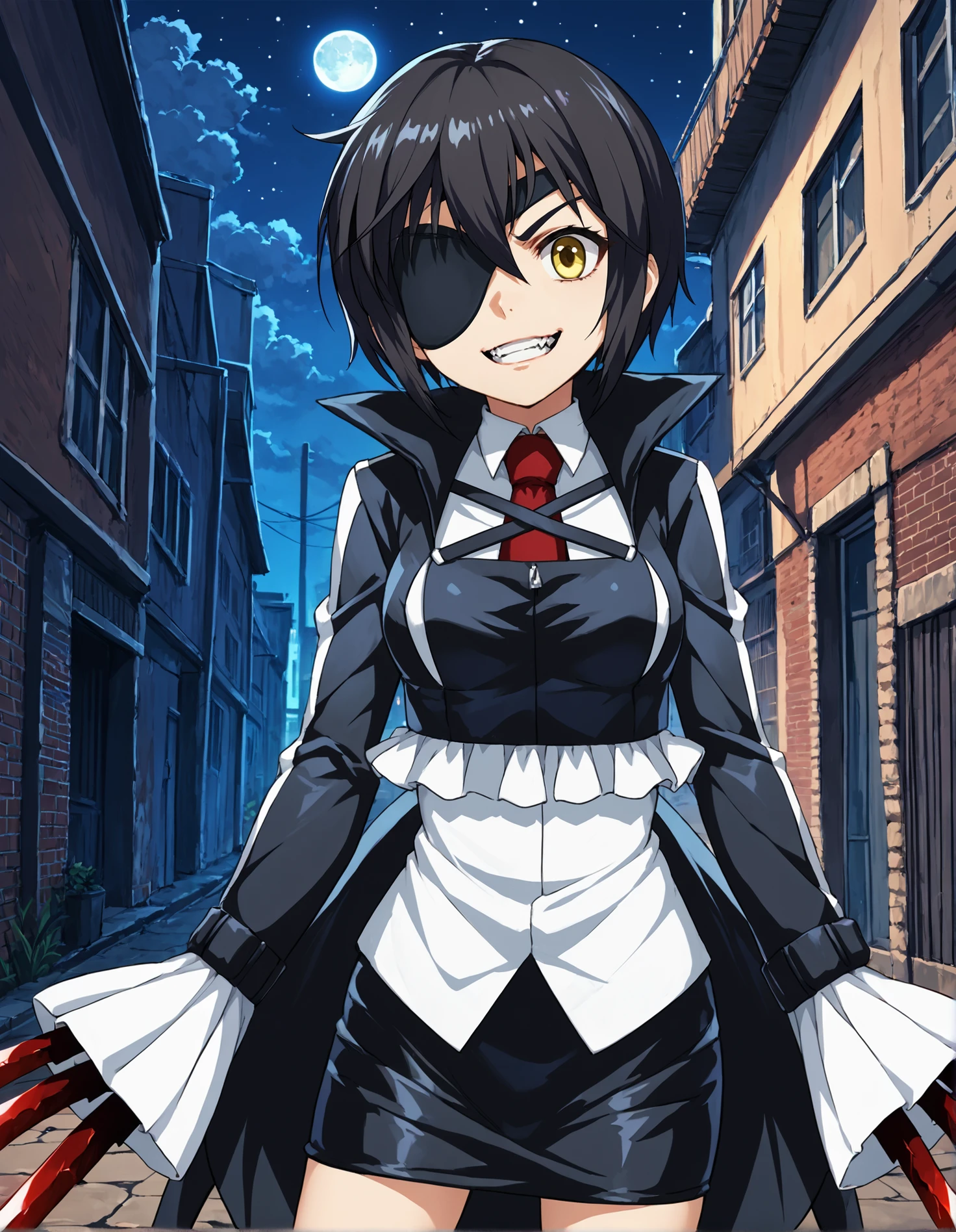 score_9, score_8_up, source_anime, 1girl, upper body, medium shot, detailed, pmmmkurekirika, standing, black hair, yellow eyes, eyepatch, one eye covered, white shirt, red tie, black frilled jacket, black sleeves, sleeves past fingers, black pencil skirt, (evil grin:0.7), clenched teeth, (side view:0.7), (fighting stance, dynamic pose), (dual wielding metal claws), outdoors, city, alley, night, sky, stars, moon, <lora:pmmmkurekirika_XL:0.9>