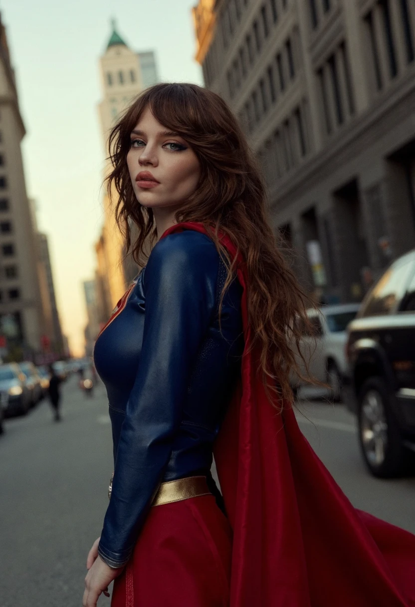 {    "T5": "This 4k press photo features Sophie Thatcher posing as Supergirl in the style of Milo Manara. The image is shot on a Nikon D3x with excellent lighting and contrast. Sophie, dressed in a stunning red and blue Supergirl costume, stands confidently in a dynamic pose, her legs slightly bent and arms akimbo. Her long, curly brown hair flows down her back, and her bright blue eyes sparkle with determination. The background is a blurred cityscape at dusk, with towering skyscrapers and bustling streets, adding a sense of urban chaos to the scene. The overall mood is one of empowerment and heroism, capturing the essence of the iconic superhero. The lighting is soft and warm, with a slight golden glow, emphasizing the drama and tension of the moment. The image is sharp and detailed, with intricate textures and subtle shading, bringing the scene to life.",    "CLIP": ["milo manara", "superhero", "press photo", "nikon d3x", "4k", "dusk", "urban", "red and blue", "confidence", "determination", "empowerment", "heroism"] }