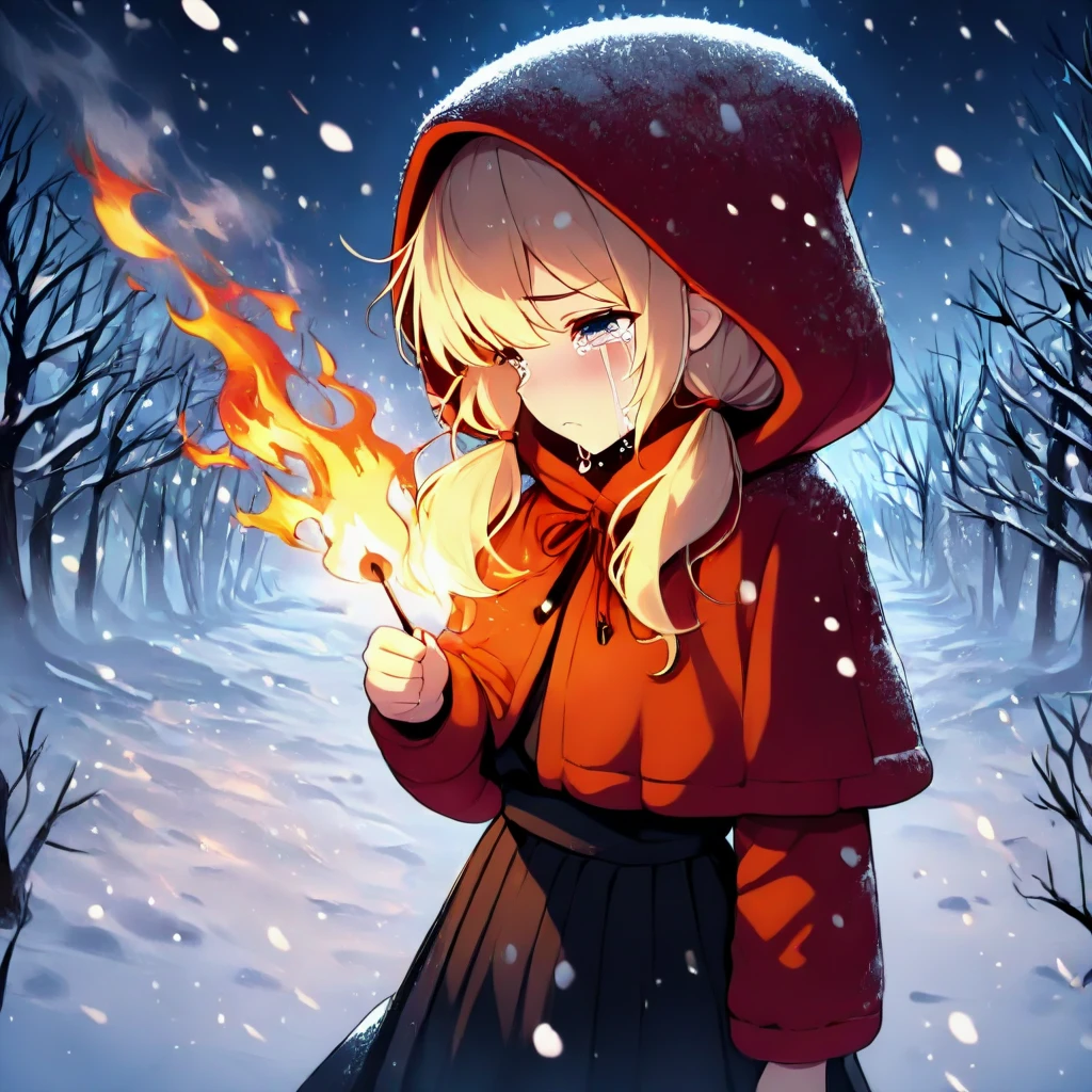 masterpiece, best quality, face focus, lit match, wildfire, bushfire, flaming, blaze, burning, 1girl, tears, crying, blonde hair, low twintails, hood up, red hooded jacket, black long skirt, capelet, fog, wind, steam, night, night sky, bare tree, snow, snowing, snowstorm, <lora:girllikelitmatch_ilxl:1>