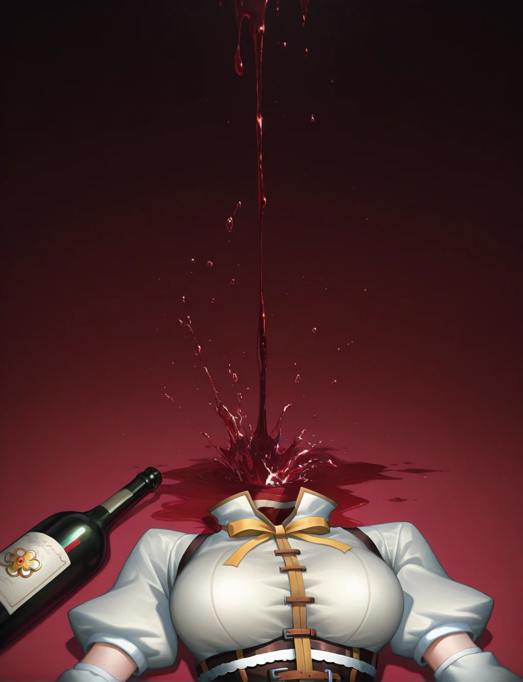 masterpiece,best quality,higres illustration,<lora:clothes_removed_IL:1>,clothes removed,wine bottle,tomoe mami,blood splashing,