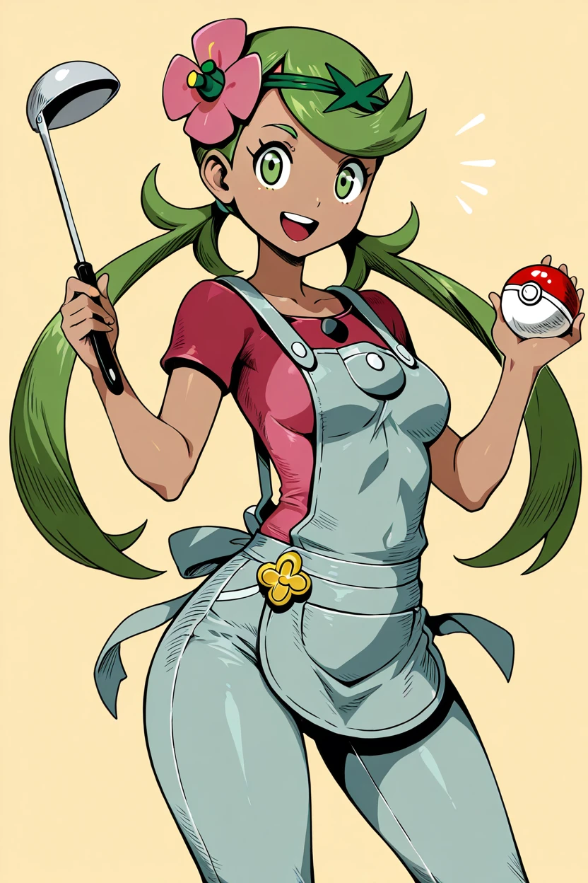 masterpiece, best quality, 1girl, solo, eyelashes, (beautiful eyes),   1girl, solo, long hair, breasts, looking at viewer, smile, open mouth, hair ornament, holding, twintails, green eyes, flower, :d, green hair, teeth, hair flower, dark skin, apron, dark-skinned female, poke ball, poke ball (basic), overalls, ladle, mallow (pokemon)    ,<lora:GenzomanPokemonIXL:1.0>,