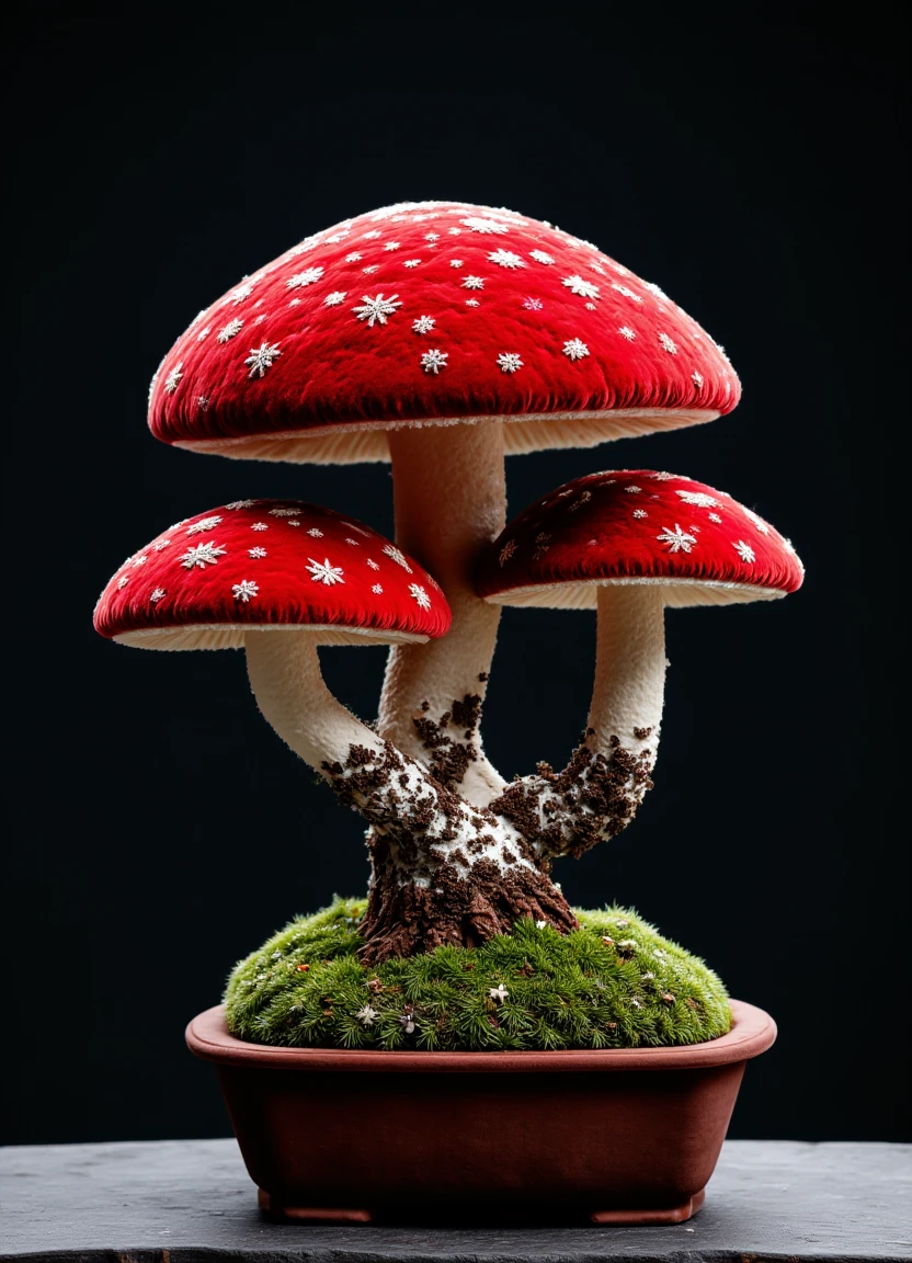 artistic mushroom in a modern bonsai pot, epic, dark soft light, hyperdetailed