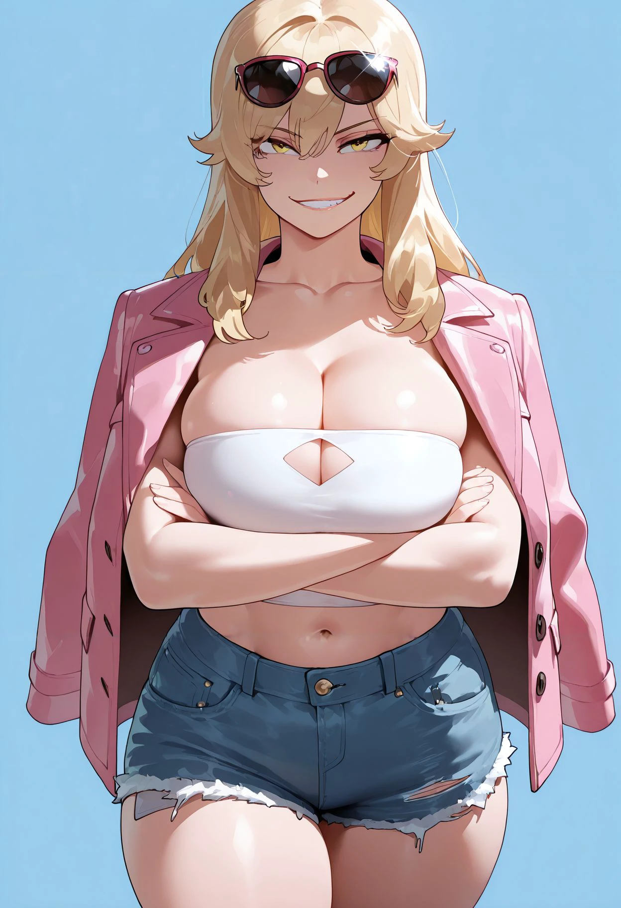 masterpiece,best quality,amazing quality, <lora:nyantcha_style_illustrious_goofy:1>1girl, large breasts, crossed arms, sunglasses, eyewear on head, denim shorts, jacket on shoulders, long hair, blonde hair, navel, smile, thick thighs, cleavage, pink jacket, yellow eyes, short shorts, pink coat, looking at viewer, tube top, standing, midriff, grin, collarbone, smirk, blue background, cutoffs, glint, strapless