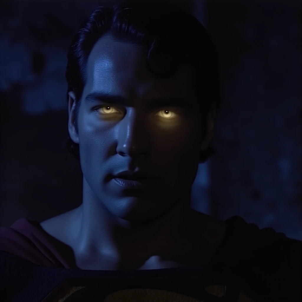 cinematic film still of  <lora:Betacam style v1:1> Betacam style
superman staring at camera in a dark night with white light on his face, shallow depth of field, vignette, highly detailed, high budget, bokeh, cinemascope, moody, epic, gorgeous, film grain, grainy