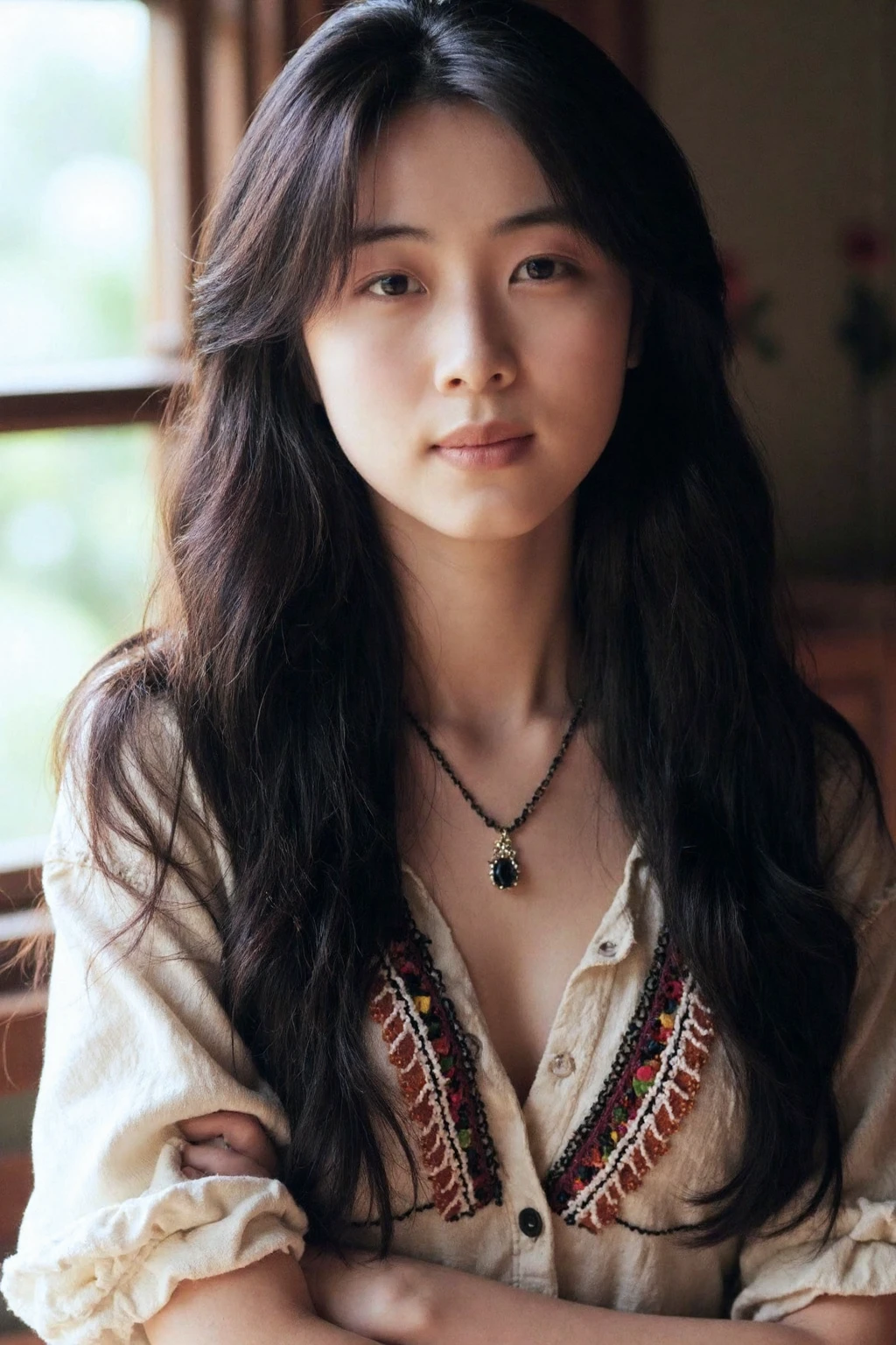 bright photo of beautiful korean girl with long  black wavy hair wearing bohemian dress, inside a rustic house, necklace, dslr, studio lighting, high quality,  light reflections, blood vessels, pale skin, detailed skin, <lora:flux_realism_lora:1>,<lora:makinaflux_sakaiizumi_v1.0.S:1>