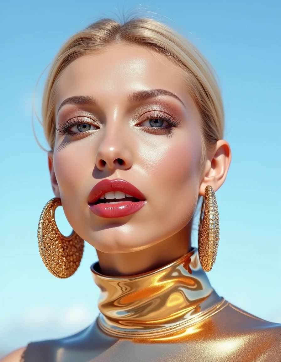 A hyper-detailed, avant-garde photograph featuring a striking woman with pale light skin against a clear, light blue sky. Her full-face close-up highlights the smooth texture of her flawless complexion. Shimmering metallic eyeshadow enhances the depth of her piercing gaze, while her glossy, deep red lips create a bold contrast to her skin. Large, intricately detailed golden hoop earrings reflect light, contributing to her modern allure. She wears metallic urban Buddhist monk clothing, with a turtle neck that enhances her avant-garde look. The reflective surfaces of her earrings and outfit create a dynamic interplay with the environment, emphasizing her sleek presence. The minimalist background allows the viewer to focus on her eye-catching fashion and makeup. Captured with a Sony A7R IV camera and a 50mm f/1.2 G Master lens for a beauty editorial shoot, this composition highlights her fashion-forward aesthetic. Inspired by avant-garde fashion photography from Sølve Sundsbø, this image blends contemporary fashion and minimalist elegance, embodying mythp0rt and niji_flux styles for a sleek, high-fashion vision. ((glow_skin, iridescent skin, oily skin, portrait)). ((no logo))