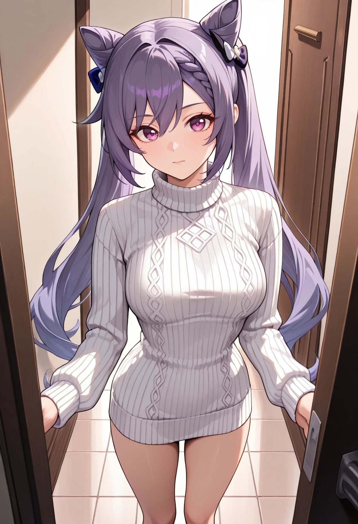 masterpiece, best quality, hires, absurdres, newest, 1girl, solo, <lora:keqing-gi-richy-v1_ixl:1> kqngrd, purple eyes, purple hair, long hair, twintails, double bun, cone hair bun, braid, hair between eyes, medium breasts, white sweater, turtleneck sweater, ribbed sweater, standing, doorway, pov, pov doorway, looking at viewer, closed mouth,