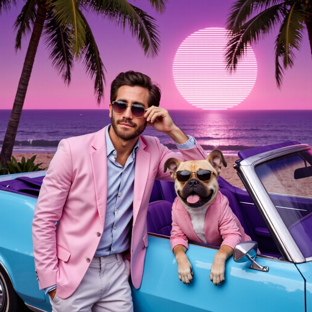 Jake Gyllenhaal as a suave, 1980s-inspired undercover agent in a pastel pink blazer and white slacks, leaning casually against a glowing neon convertible parked under a row of palm trees. His aviator sunglasses reflect a vibrant magenta and cyan Miami skyline, complete with a giant retro grid sun setting over the ocean. Beside him, a bulldog sidekick sits in the passenger seat, rocking golden aviators and a tiny matching pastel blazer. The bulldog’s expression exudes cool confidence, a cigar hanging loosely from its mouth.


















