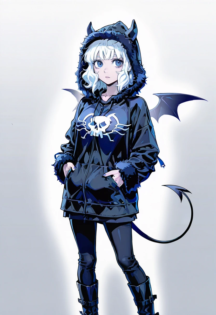 1girl,solo,looking at viewer,ikeda ruriko,y2k demon hoodie, hands in pockets, hood, boots, fur trim, jacket, animal hood, wings, demon tail,  modeus_(helltaker)