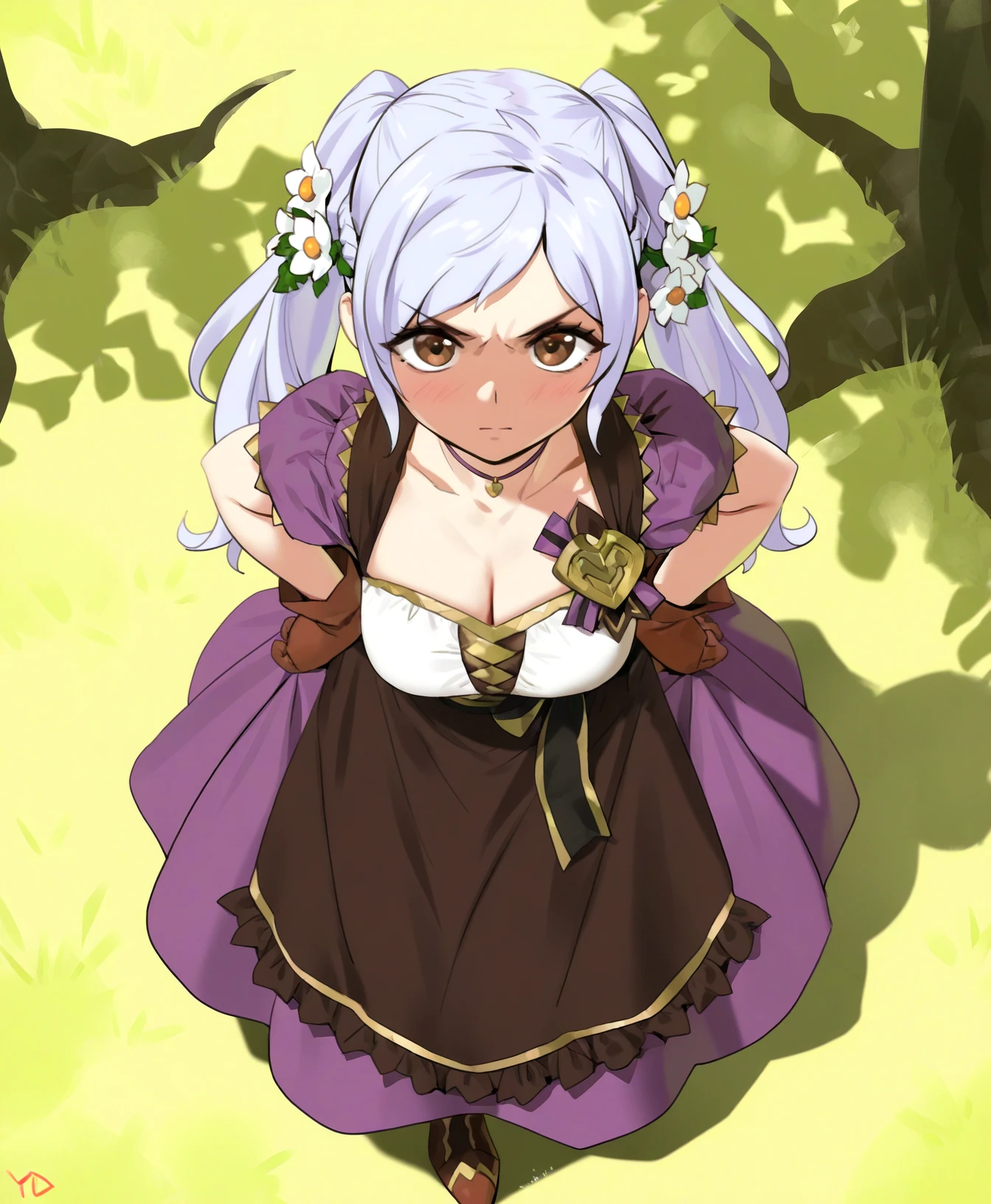 yd \(orange maru\),
sfw, 1girl, solo, clothed,
robin \(female\) \(valentine\) \(fire emblem\), fire emblem, medium breasts, white hair, grey hair, blue hair, long hair, twintails, hair ornament, hair flower, brown eyes,
v-shaped eyebrows,
BREAK,
from above,
full body,
detailed background,
masterpiece, best quality, absurdres