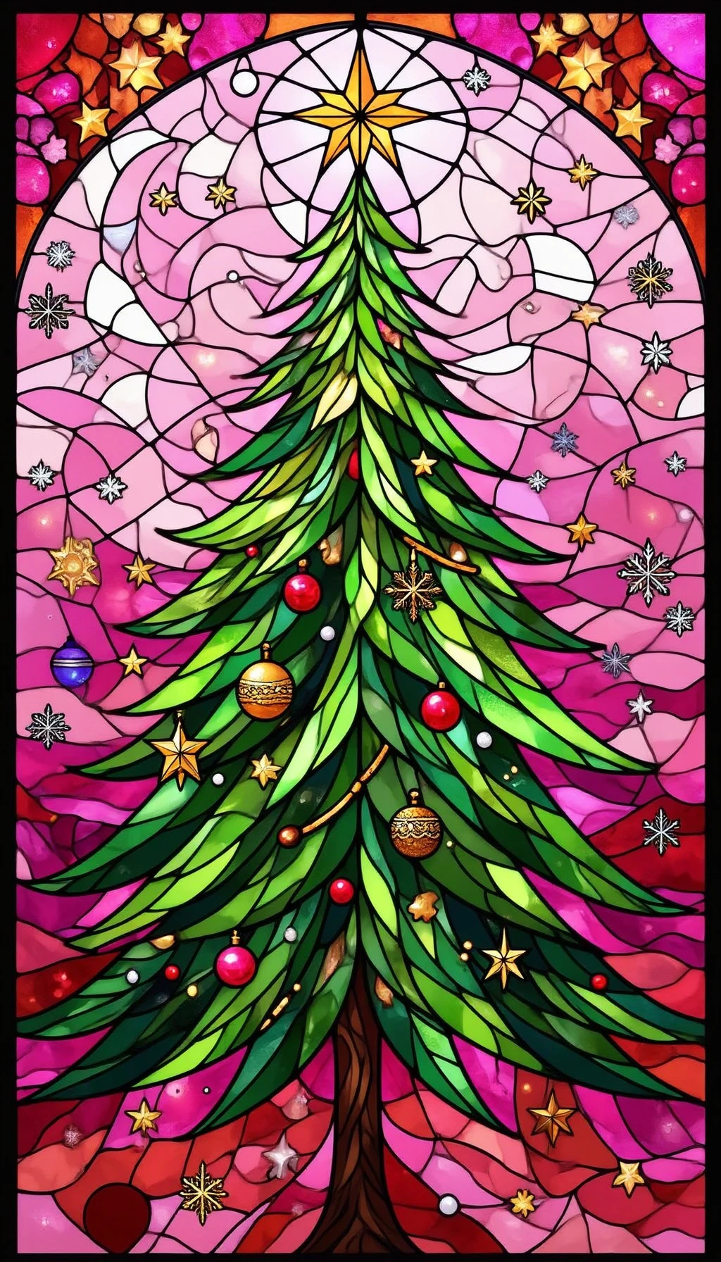 pinkchristmasstainedglass, 

A Christmas tree decorated with ornaments and a glowing star on top, crafted in intricate stained glass patterns