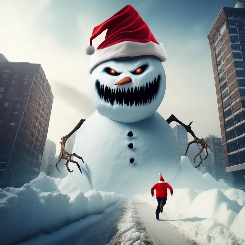 <lora:Grim_Snowmen:1> gr1msn0w, sinister gigantic,huge, enormous snowman monster, santa hat, destroying the city, hitting a building, people running for their lives,