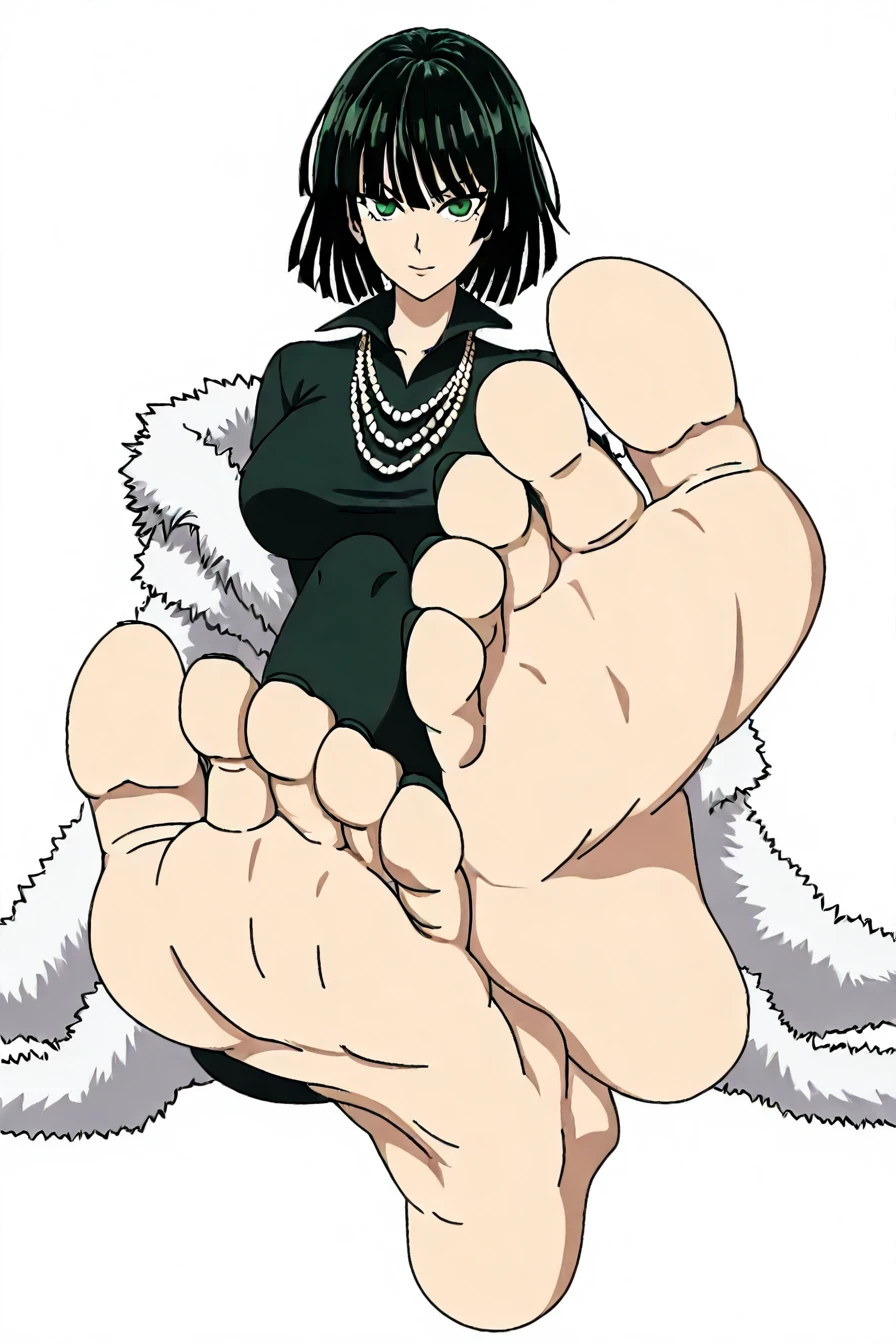 fubuki, fubuki \(one-punch man\), black hair, green eyes, short hair, large breasts,black dress, dress, fur coat, high collar, jewelry, necklace, off shoulder, taut clothes, taut dress, 1girl, solo, alone, <lora:dantegemini_style_illustrious:0.8>, dantegemini_style, foot focus, barefoot, black toenails, feet, toes,  white background, masterpiece, highres