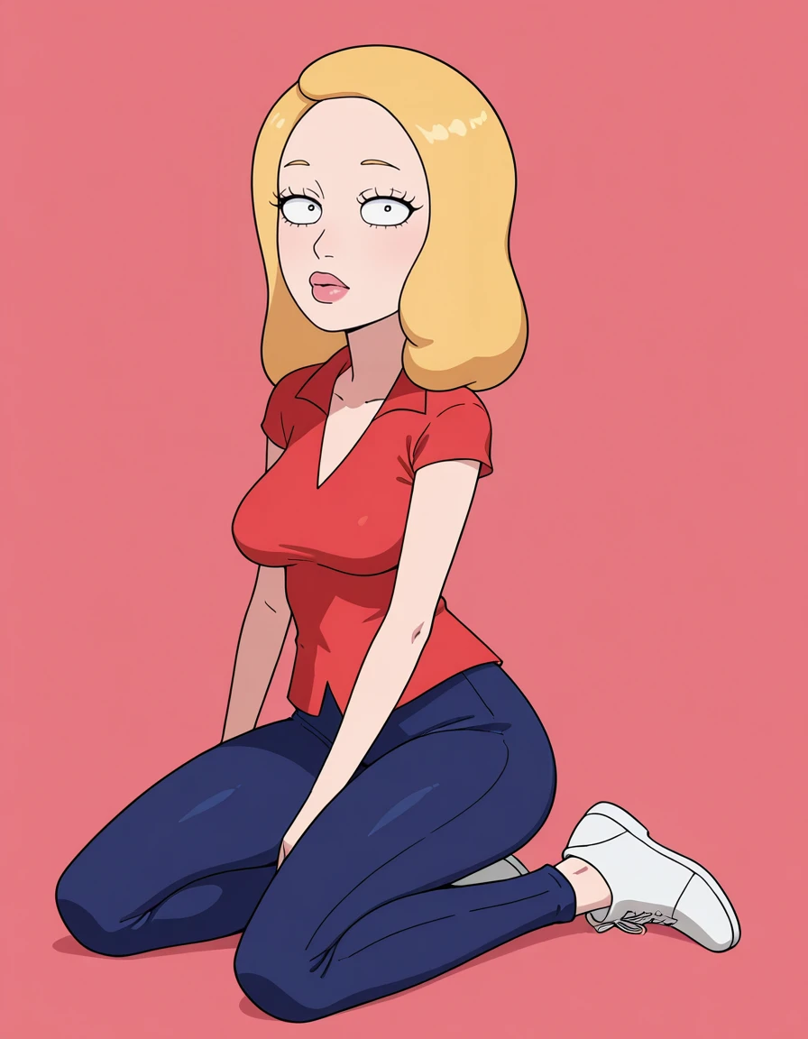 A cartoon woman sitting on the ground with her legs crossed - SeaArt AI