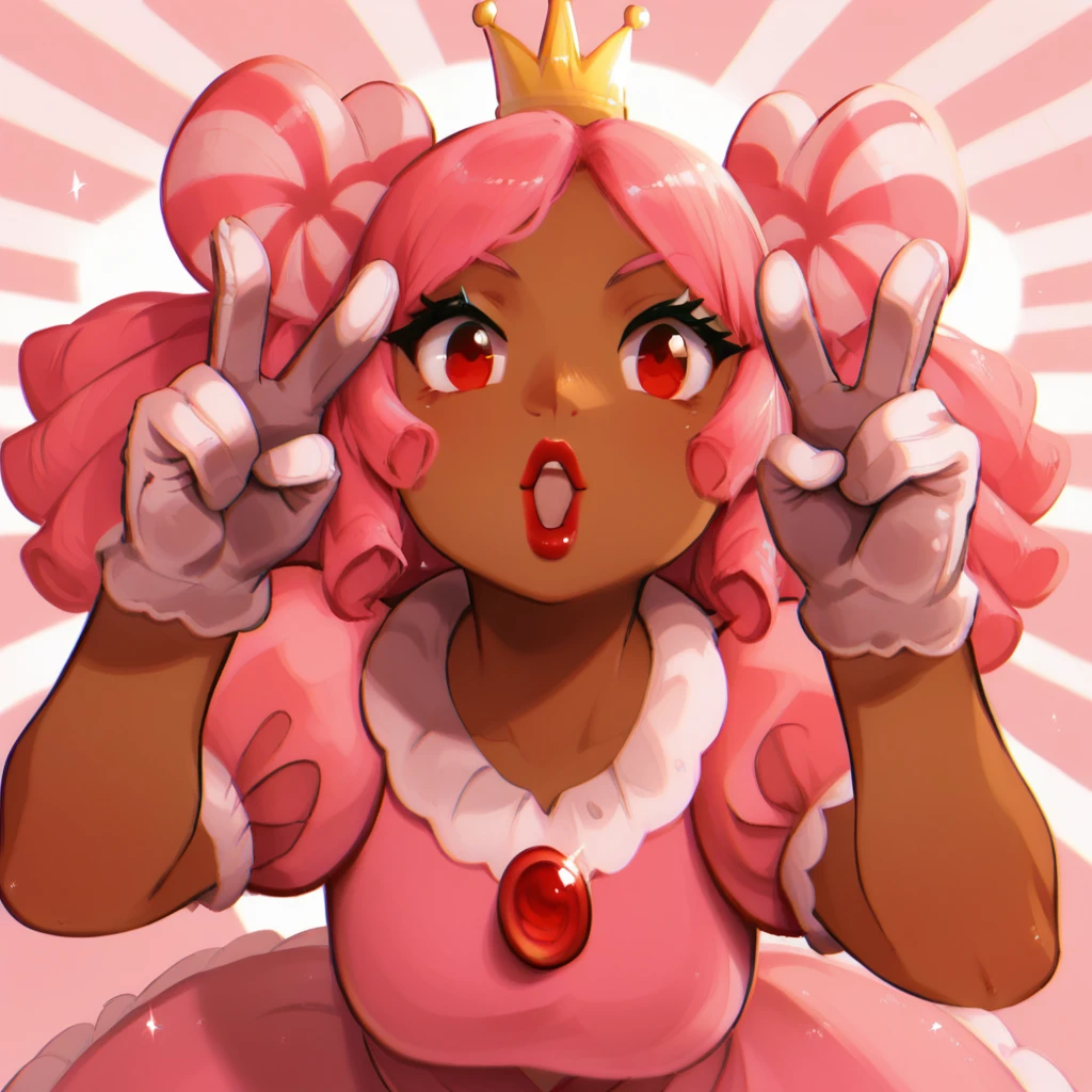 score_9_up, score_8_up, BREAK, PrincessCookie, 1girl, solo, pink hair, red eyes, crown, lipstick, dark skin, pink dress, white gloves, cowboy shot,  <lora:PrincessCookie_PXL_Leaf4:0.8>, striped background, double v,