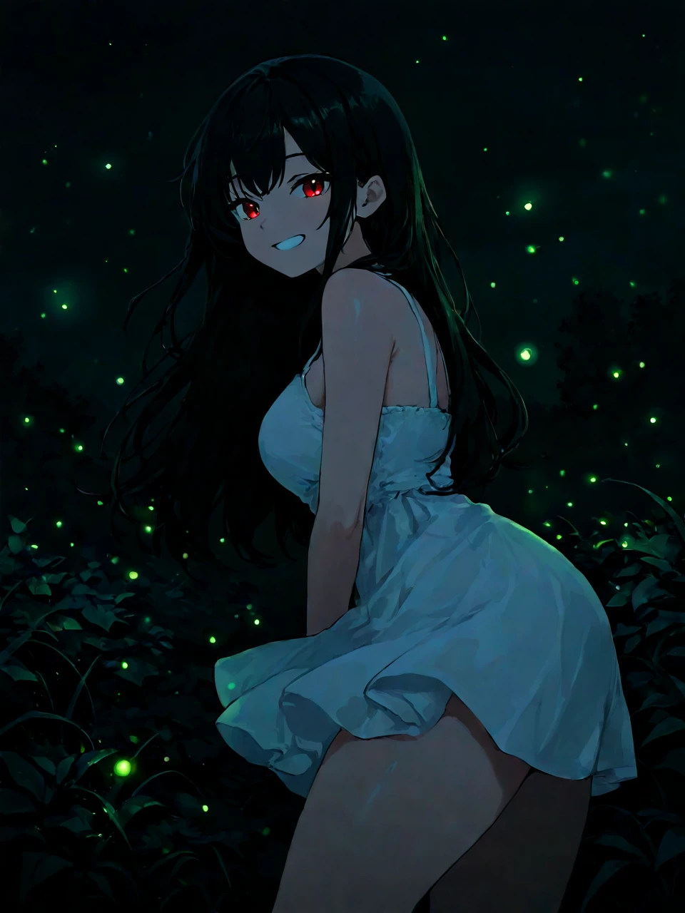 1girl, solo, general, dark, black theme, fireflies, outdoors, from side, long hair, black hair, red eyes, medium breasts, thick thighs, looking at viewer, grin, white dress, sleeveless, masterpiece, absurdres, very aesthetic, best quality, good quality